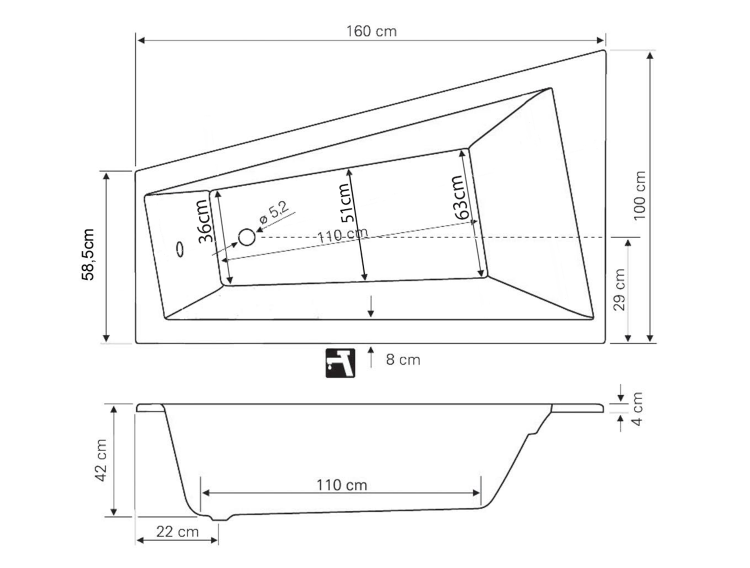 Asymetrická rohová vana 160×100 L bilá – Aqualine Metuje G2610