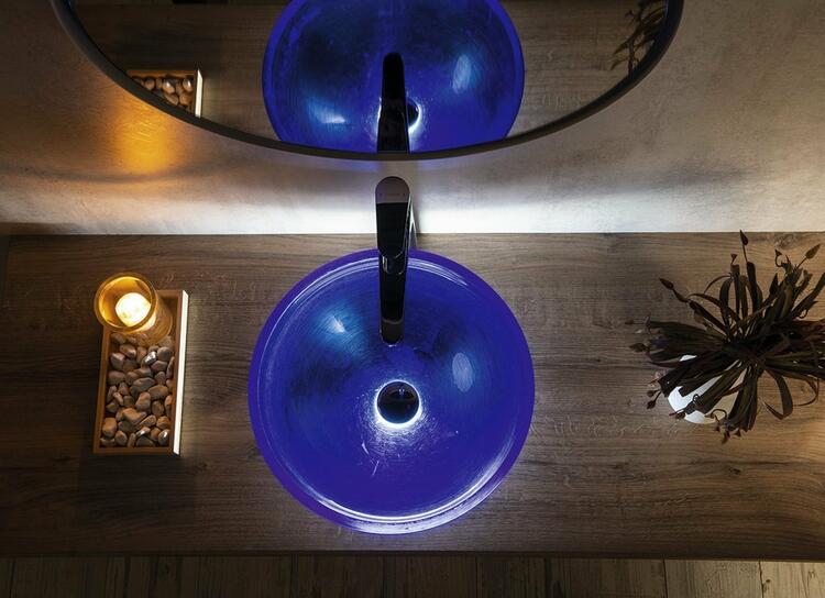 MURANO BLU skleněné umyvadlo na desku, průměr 40cm, modrá