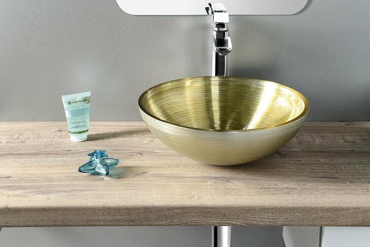 MURANO SOFT BROWN skleněné umyvadlo na desku, průměr 40cm, zlatá/stříbrná