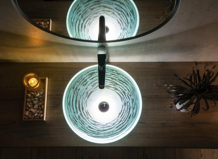 RIPPLE skleněné umyvadlo na desku Ø 42cm, čirá s motivem