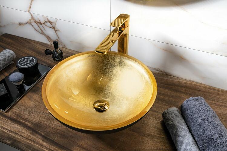 MURANO BLACK-GOLD skleněné umyvadlo na desku, průměr 40cm, černá/zlatá