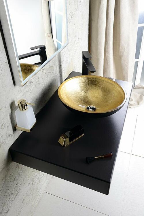 MURANO BLACK-GOLD skleněné umyvadlo na desku, průměr 40cm, černá/zlatá