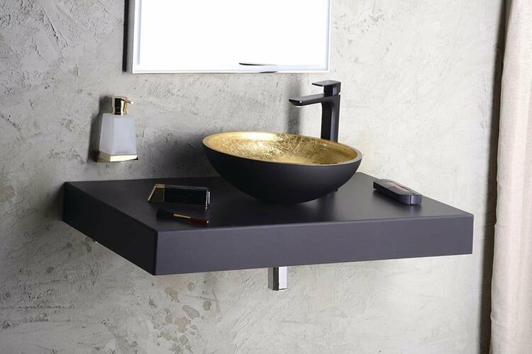 MURANO BLACK-GOLD skleněné umyvadlo na desku, průměr 40cm, černá/zlatá