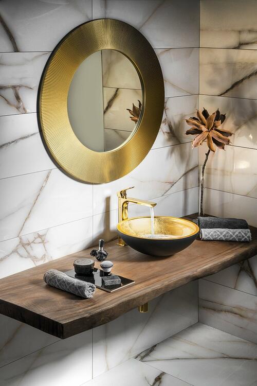 MURANO BLACK-GOLD skleněné umyvadlo na desku, průměr 40cm, zlatá/černá
