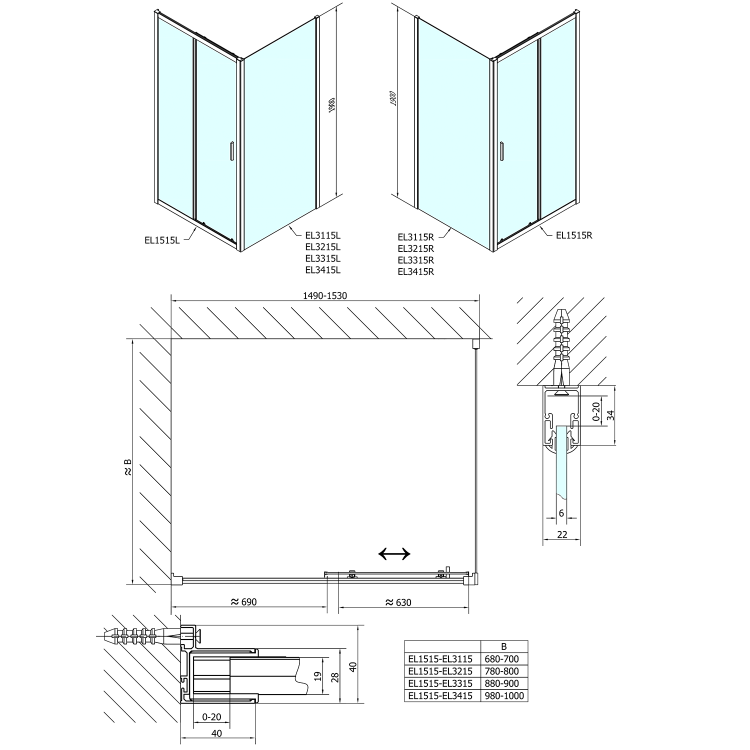 EASY obdélníkový sprchový kout 1500x800mm, čiré sklo L/P varianta