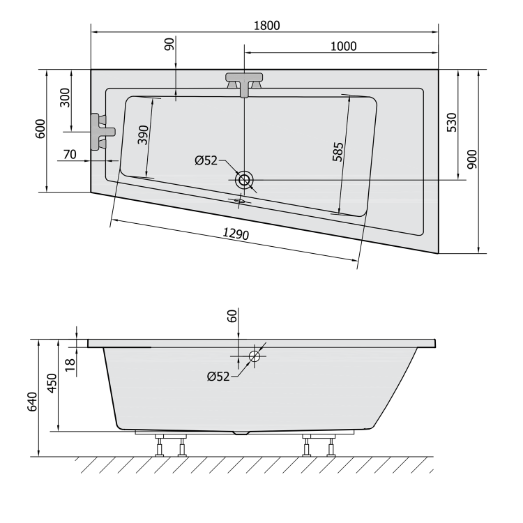 ANDRA R SLIM asymetrická vana 180x90x45cm, bílá