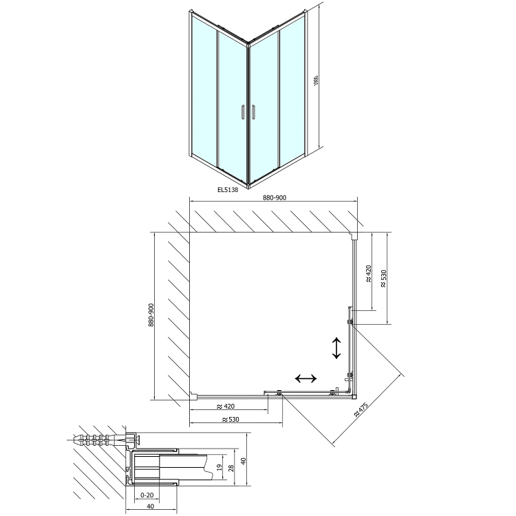 EASY čtvercová sprchová zástěna 900x900mm, sklo Brick