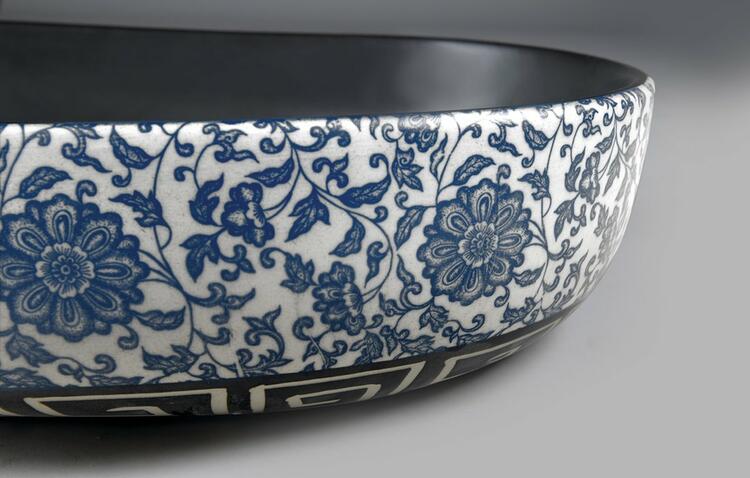 PRIORI keramické umyvadlo na desku, 60x40 cm, černá s modrým vzorem