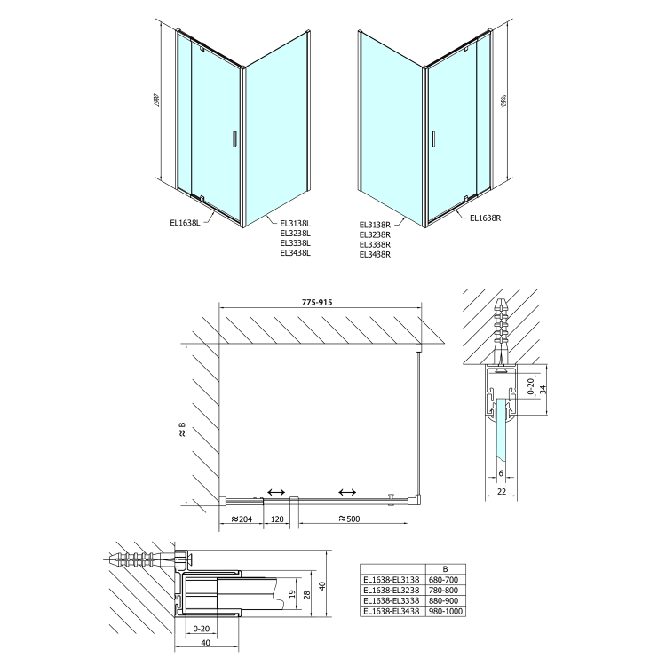 EASY LINE obdélník/čtverec sprchový kout pivot dveře 800-900x900mm L/P varianta, sklo Brick