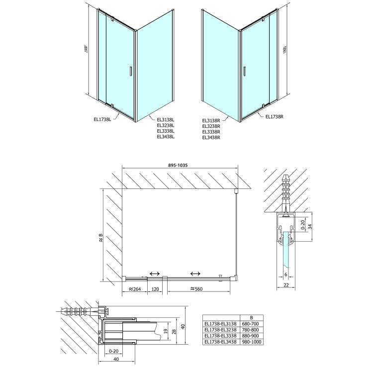 EASY obdélník/čtverec sprchový kout pivot dveře 900-1000x900mm L/P varianta, sklo Brick