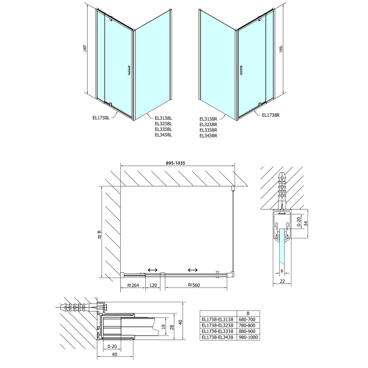 EASY LINE obdélník/čtverec sprchový kout pivot dveře 900-1000x1000mm L/P variant, brick sklo