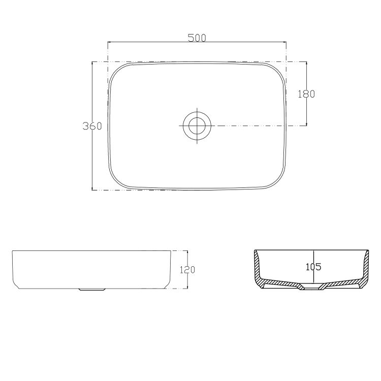 INFINITY RECTANGLE keramické umyvadlo na desku, 50x36cm, černá mat