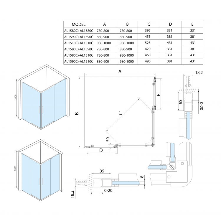 ALTIS čtvercový sprchový kout 800x800 mm, rohový vstup, čiré sklo
