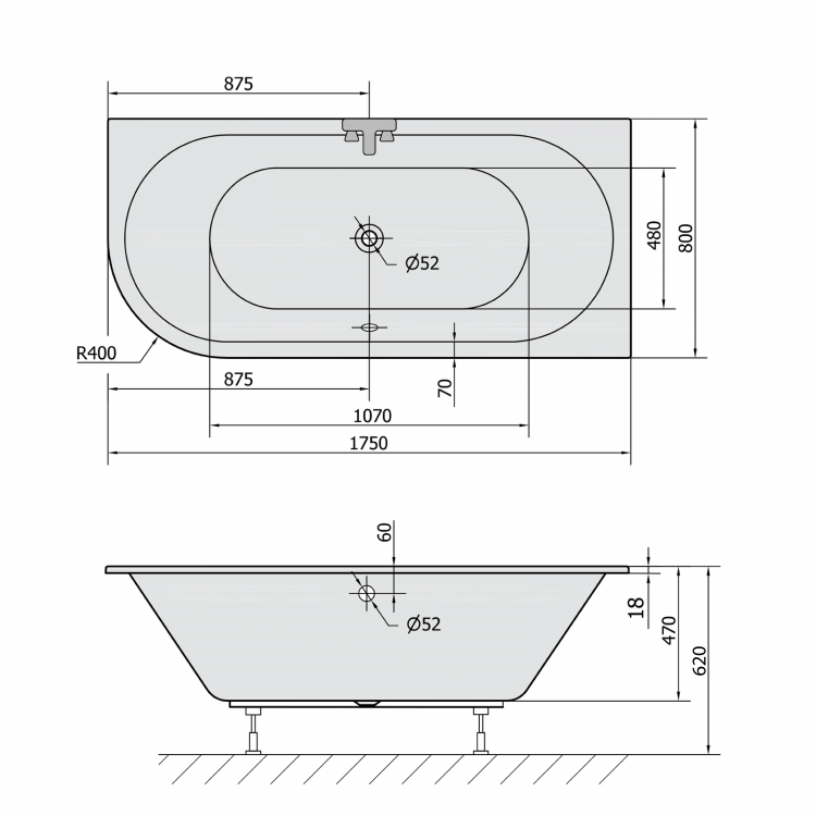 VIVA R SLIM asymetrická vana 175x80x47cm, bílá