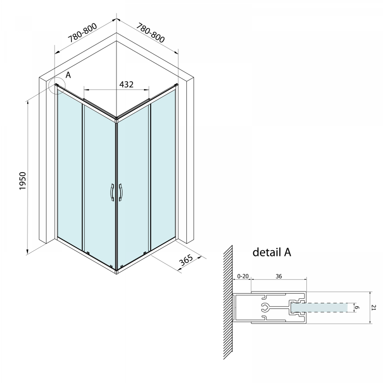 BORG čtvercová sprchová zástěna 800x800x1950 mm, čiré sklo