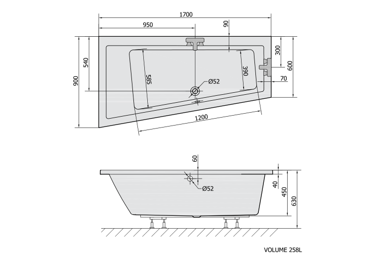Asymetrická akrylátová vana 170×90 cm (L) šedá – Polysan Andra