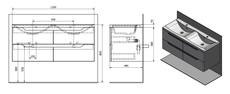 Dvojumyvadlová skříňka 119,7×50×47,8 cm bílá – Sapho WAVE WA120-3030