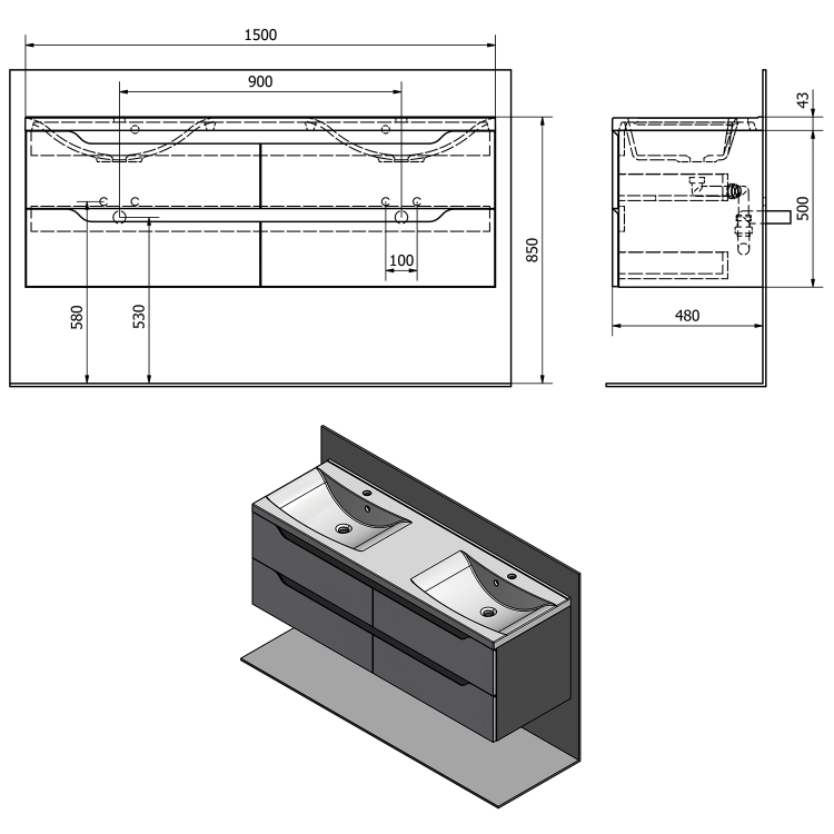 Dvojumyvadlová skříňka 149,7×50×47,8 cm bílá mat/mali wenge – Sapho WAVE WA150-3021