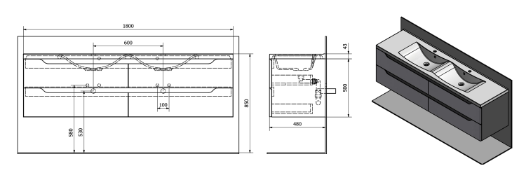 Dvojumyvadlová skříňka 179,7×50×47,8 cm bílá mat/mali wenge – Sapho WAVE WA180-3021