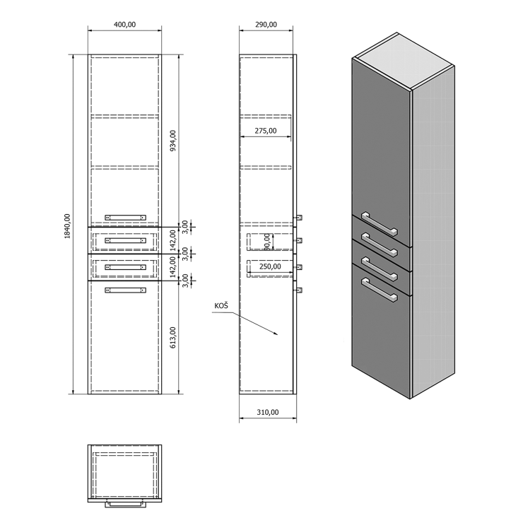 VEGA skříňka vysoká s košem, 40x184x31cm, dub platin