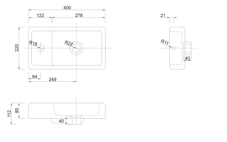 Keramické umývátko, nábytkové, 40x22cm, bílá