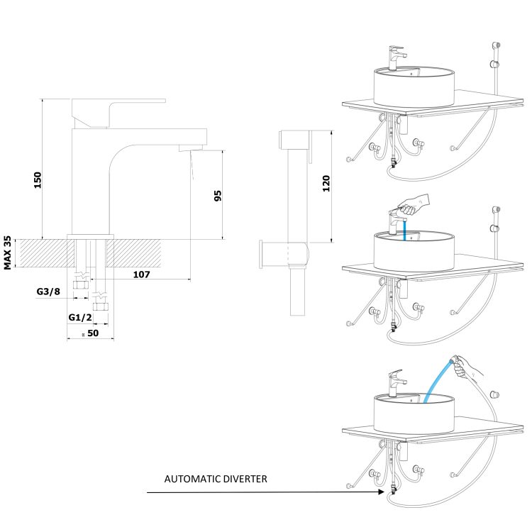 Stojánková umyvadlová baterie s bidetovou sprchou chrom – Bruckner Sieger 914.013.1