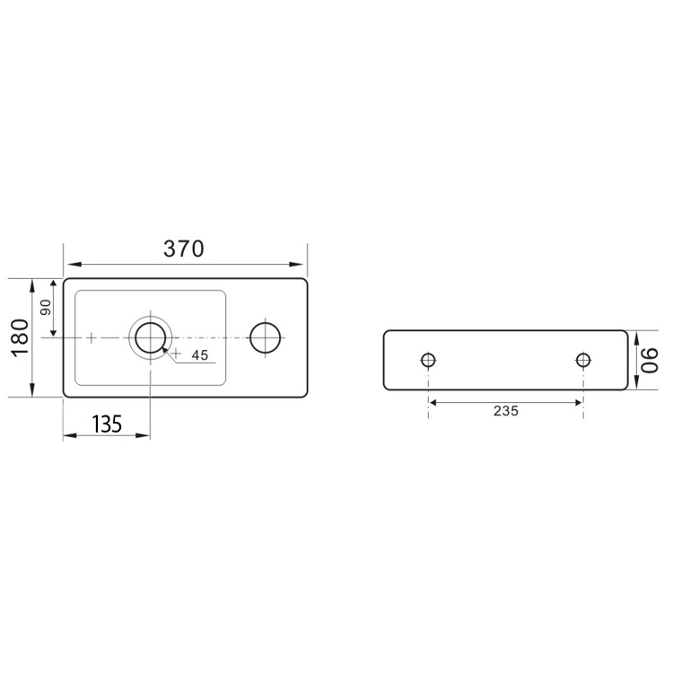 ZOE keramické umývátko 37x18cm, otvor pro baterii vpravo, bílá