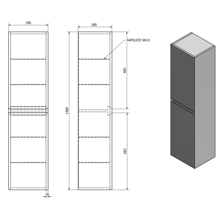 MORIAN vysoká skříňka 35x140x30cm, dub černý