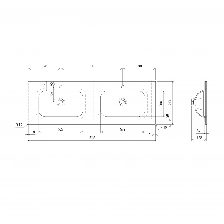 TREOS dvojumyvadlo 151,6x51,3 cm (75+75), rockstone, bílá mat