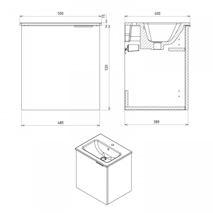 CIRASA umyvadlová skříňka 48x52x39cm, 1x dvířka, levá, bílá lesk