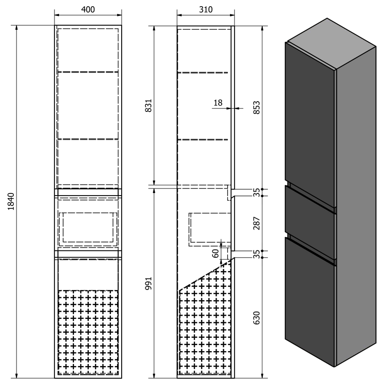 ALTAIR vysoká skříňka s košem 40x184x31cm, černá mat
