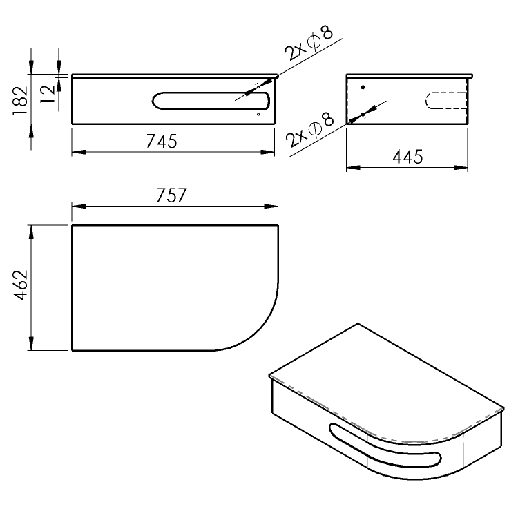 PULSE rohový stolek s umyvadlem 755x455mm, levý, nerez mat