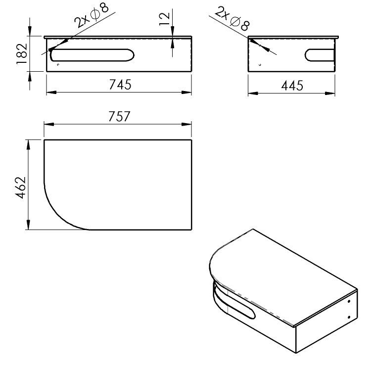 PULSE rohový stolek s umyvadlem 755x455mm, pravý, nerez mat