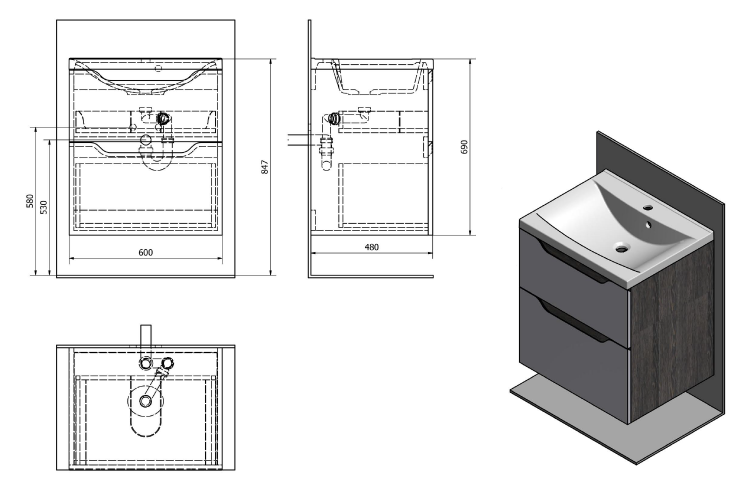 Umyvadlová skříňka 60×65×47,8 cm bílá/dub Alabama – Sapho WAVE WA060-3022