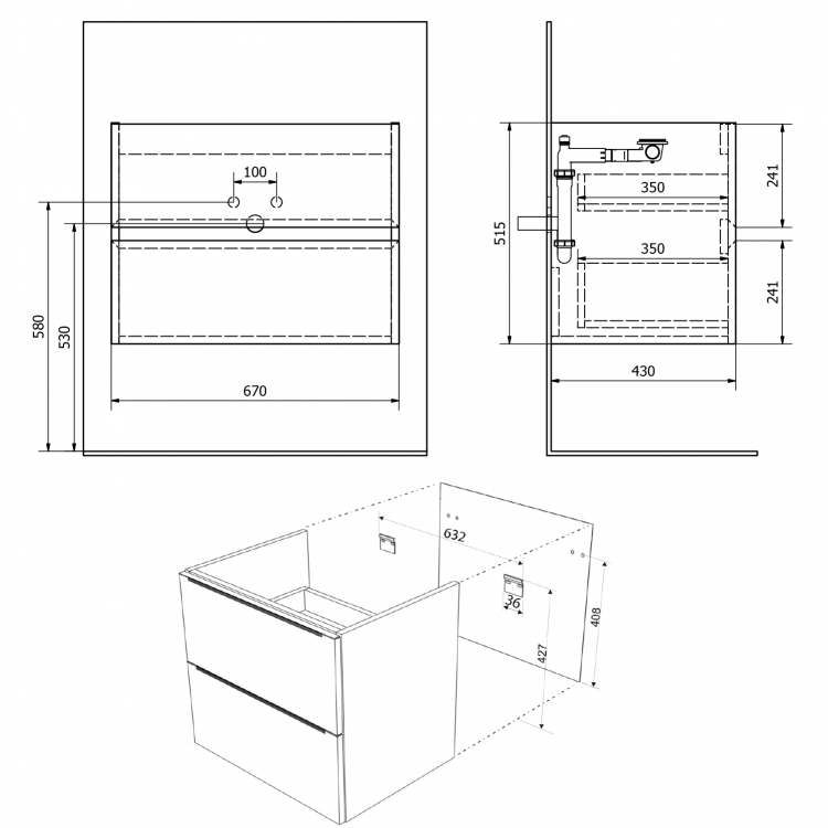 Umyvadlová skříňka 67×51,5×43 cm černá mat strip – Sapho FILENA FID1270BS