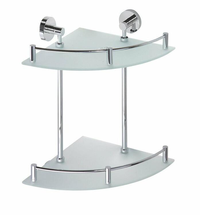 X-ROUND E skleněná polička rohová dvojitá s hrazdou 280x380x280mm, chrom