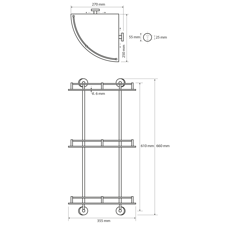 X-ROUND E skl. polička roh. trojitá s hrazdou, 270x660x270mm, chrom