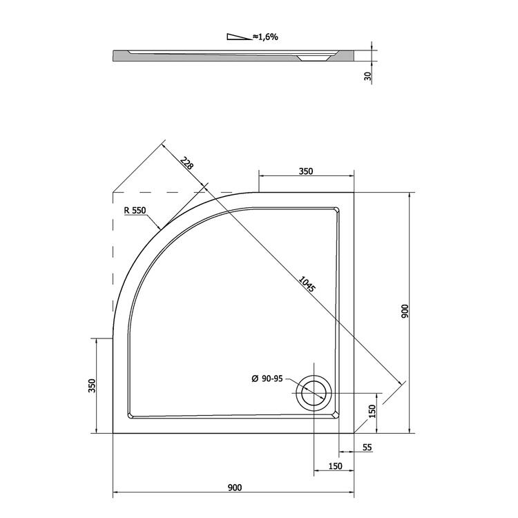 Čtvrtkruhová sprchová vanička z litého mramoru 90 cm – Polysan Sera R550 41511