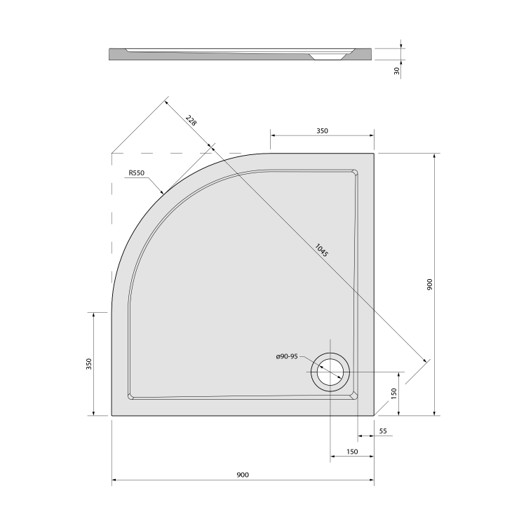 Čtvrtkruhová sprchová vanička z litého mramoru 90 cm – Polysan Sera R550 41511