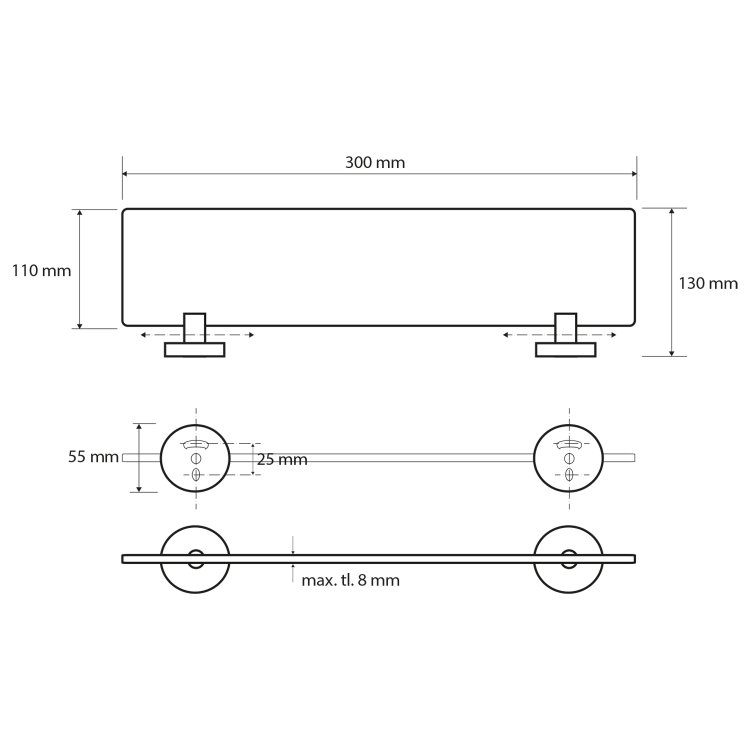 X-ROUND E skleněná polička 300x130mm, mléčné sklo, chrom