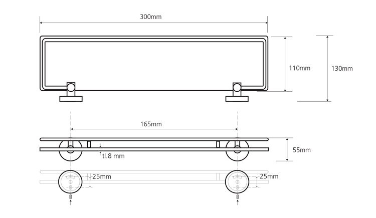 X-ROUND E skleněná polička s výklopnou hrazdou 300x130mm, mléčné sklo, chrom