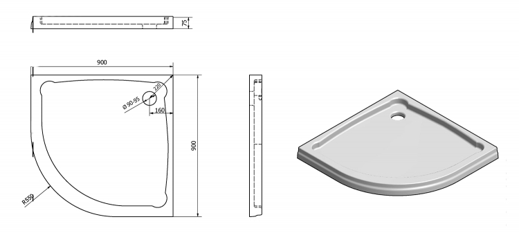 Čtvrtkruhová sprchová vanička z litého mramoru 90 cm – Gelco Hera R550 GH559