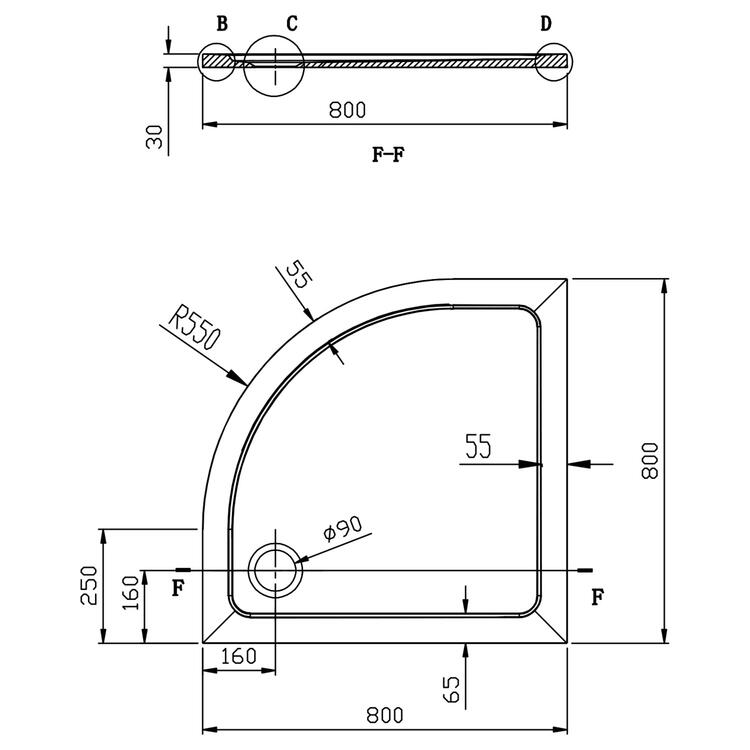 Čtvrtkruhová sprchová vanička z litého mramoru 80 cm – Aqualine Tecmi R55 PQ558