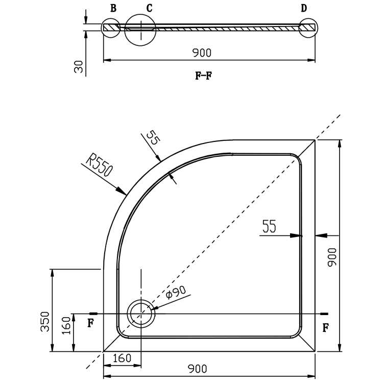 Čtvrtkruhová sprchová vanička z litého mramoru 90 cm – Aqualine Tecmi R55 PQ559