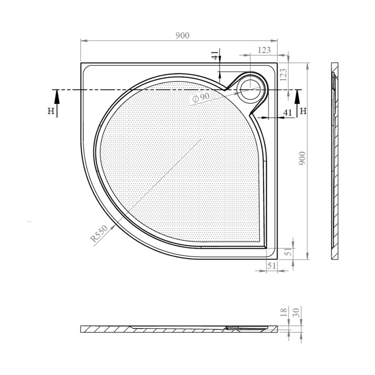 Čtvrtkruhová sprchová vanička z litého mramoru 90 cm – Gelco Arca R550 PA559