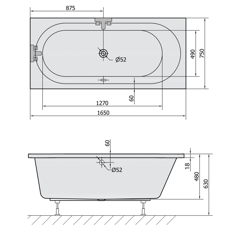 ASTRA B SLIM obdélníková vana 165x75x48cm, bílá