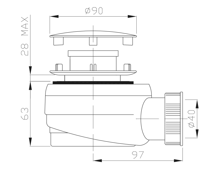 Vaničkový sifon, průměr otvoru 60mm, DN40, krytka chrom