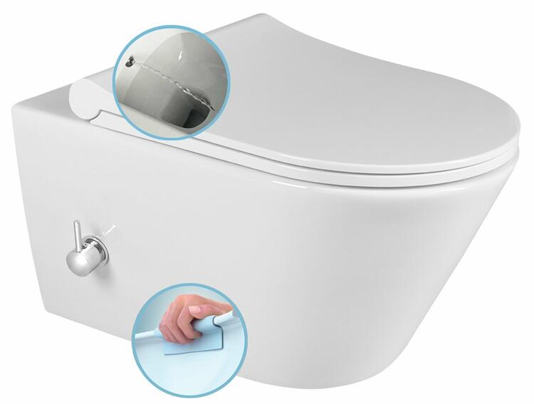 AVVA CLEANWASH závěsná WC mísa, integrovaná baterie a bidet. sprška, Rimless, 35,5x53cm, bílá