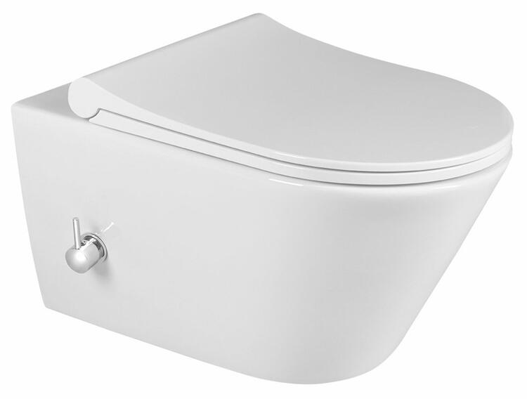 AVVA CLEANWASH závěsná WC mísa, integrovaná baterie a bidet. sprška, Rimless, 35,5x53cm, bílá