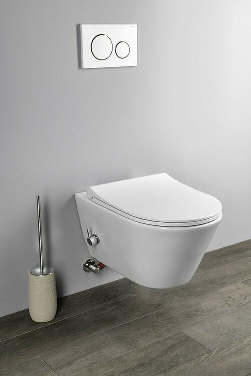 AVVA CLEANWASH závěsná WC mísa, Rimless, integrovaná baterie a bidet. sprška, 35,5x53cm, bílá
